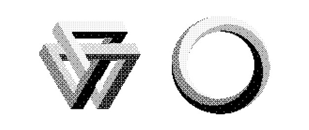 Bitmap onmogelijke vormen set Dither halftone onwerkelijke objecten collectie Zwarte gestructureerde driehoek ci