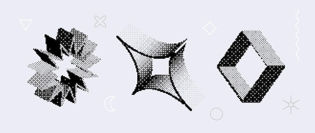 Bitmap textureerde vorm set Dither halftone objecten collectie Zwarte 3d vierkante ster rombus elemen