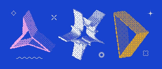 Bitmap-textuurvormenset Dither halftone-objectencollectie Kleurige 3D-ster en driehoekelement