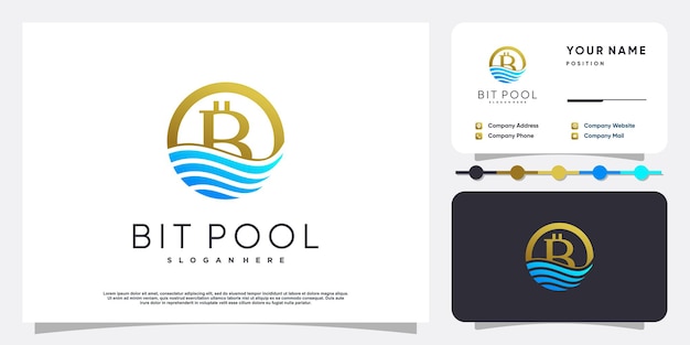 Bitpool-logo-ontwerp met water en gouden element premium vector