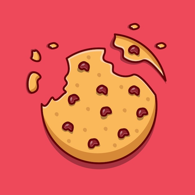 Bitten broken cookie chocolate crumbs Cartoon vector illustration