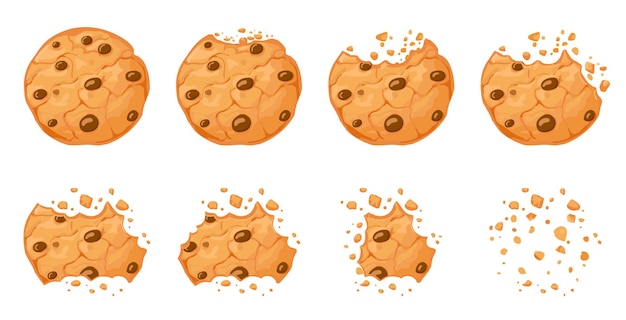 Vector bitten chocolate chip cookie. crunch homemade brown biscuits broken with crumbs. cartoon baked round choco cookies bite animation vector set. illustration animation disappear choco crumb piece bakery