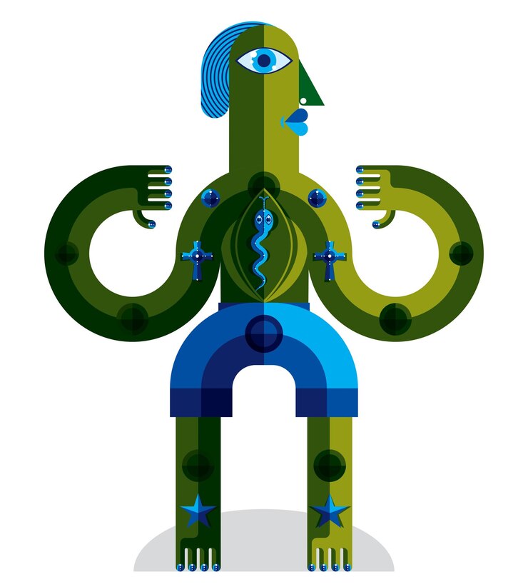 Vector bizarre creature vector illustration, cubism graphic modern picture. flat design image of an odd character isolated on white.