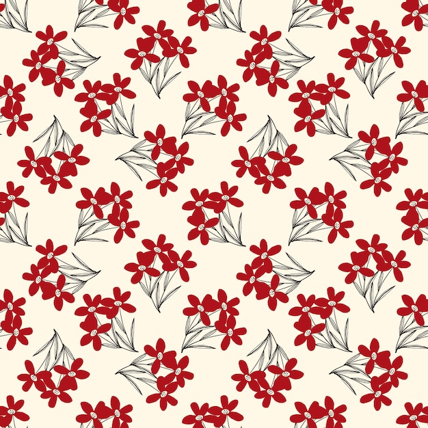 Bizarre red flowers seamless pattern in doodle style