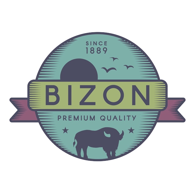 Bizon vector logo template. american buffalo, flying birds and sun silhouette. wild animal