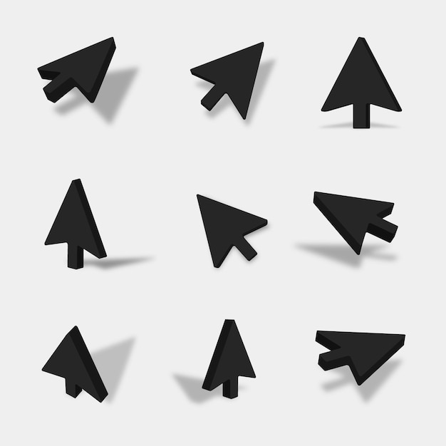 Black 3d arrow illustration with different views and angles