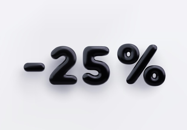 흰색 배경에 검정색 3D 할인 기호 마이너스 25%