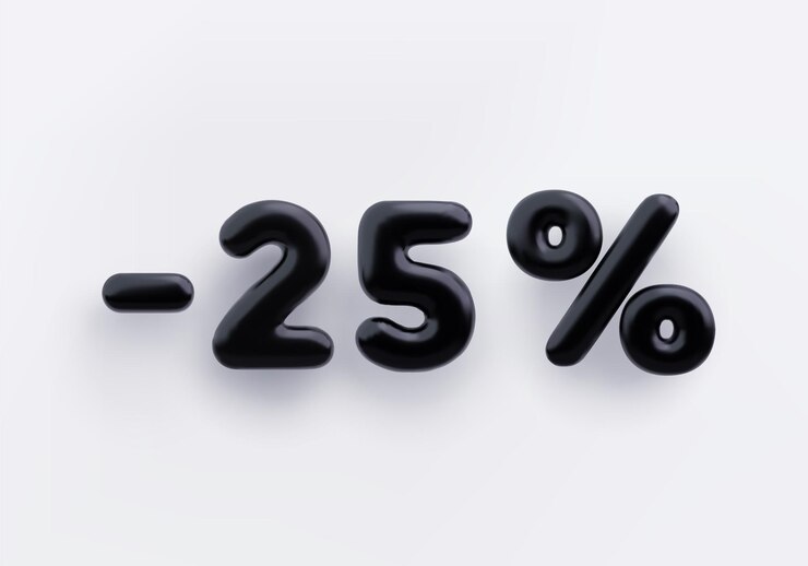 흰색 배경에 검정색 3D 할인 기호 마이너스 25%