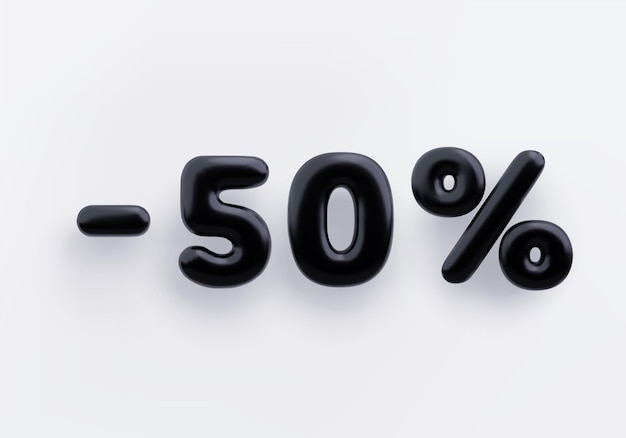 흰색 배경에 검정색 3D 할인 기호 마이너스 50%