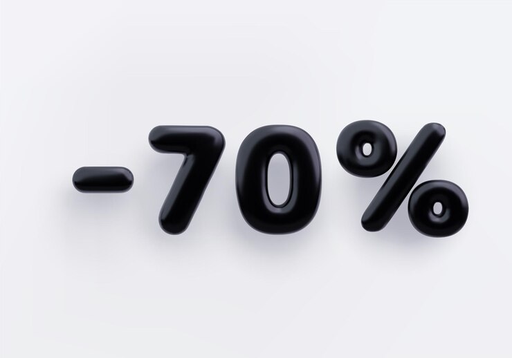 흰색 배경에 검정색 3D 할인 기호 마이너스 70%