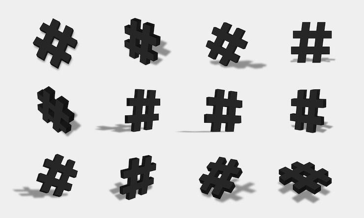 Vector black 3d hashtag icon illustration with different views and angles