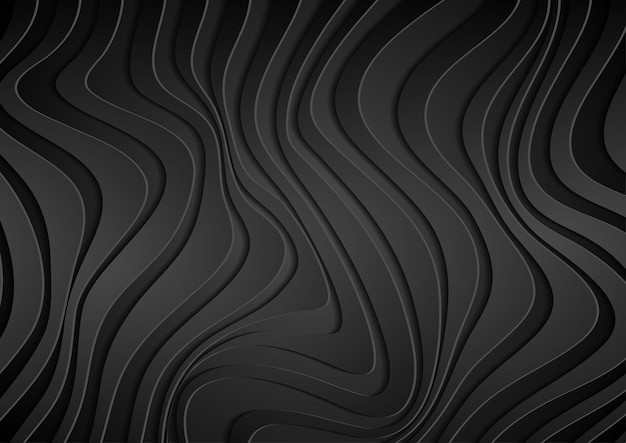 Vector black 3d paper refracted curved waves abstract dark papercut elegant wavy background vector geometric design