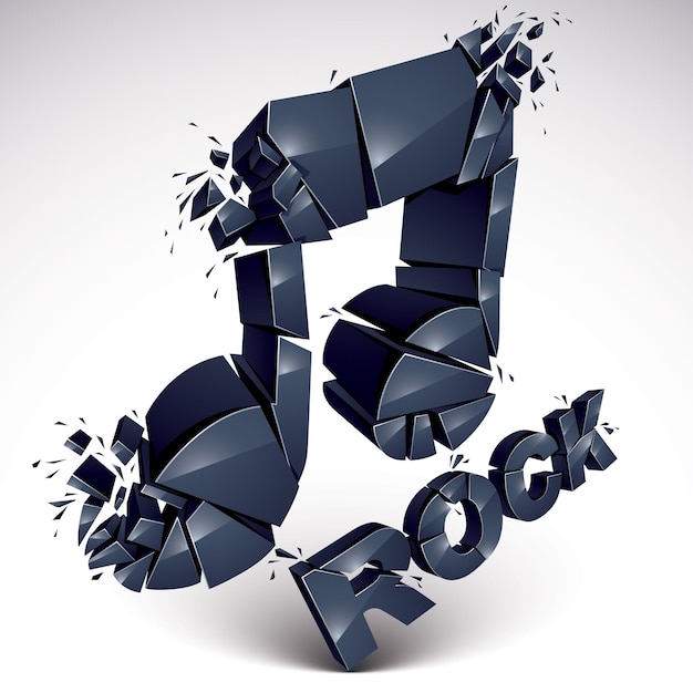 Black 3d vector musical note broken into pieces, explosion effect. monochrome dimensional art melody symbol, rock music theme.