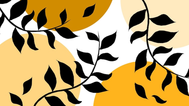 Vector black abstract branches with leaves on orange and brown circles background