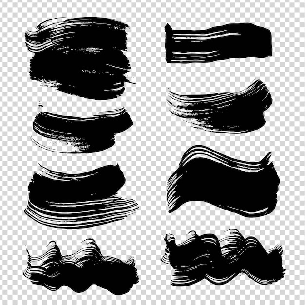 Black abstract figured strokes different shapes on imitation transparent background