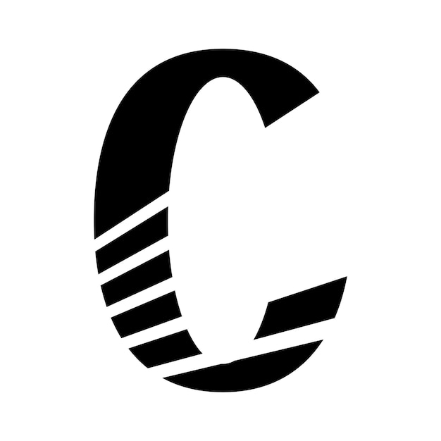 Black abstract letter c icon with diagonal stripes on a white background