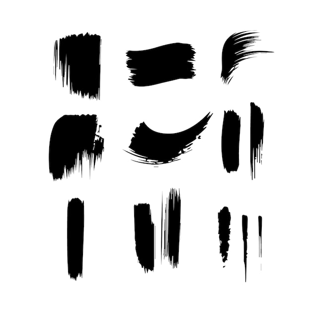 Black abstract paint Brush Stroke Set on white background Each with Unique Style