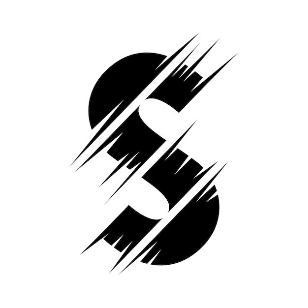 Black Abstract Slashed Split Shaped Letter S Icon on a White Background