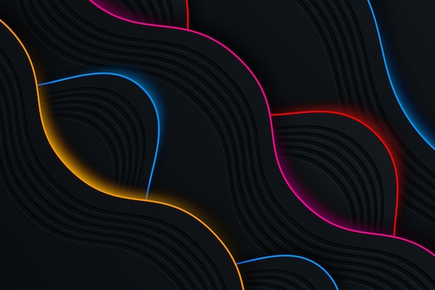 Vector black abstract wavy background with colorful light decoration