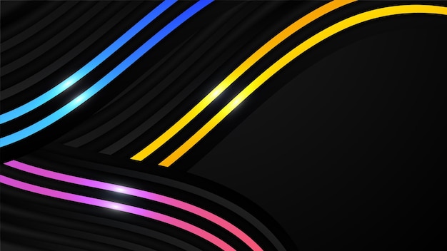 Vector black abstract wavy dimension background with colorful light decoration