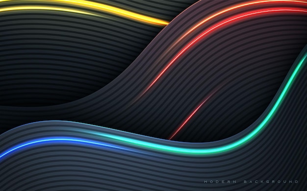 Black abstract wavy dimension background with colorful light decoration