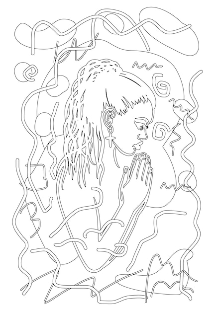 Black african american afro praying woman face head drawing.coloring book page painting.fashion girl