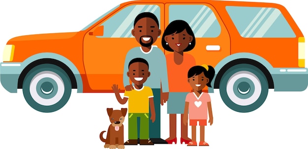 Famiglia afroamericana nera in piedi davanti alla vista laterale dell'auto rossa