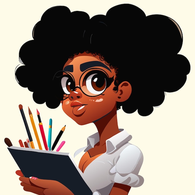 Vector black african american girl studying hand drawn flat stylish cartoon sticker icon concept isolated