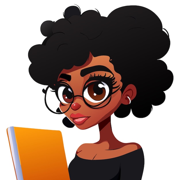 Ragazza afroamericana nera che studia disegnata a mano piatto elegante adesivo cartone animato concetto di icona isolato