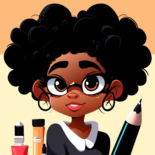 Vector black african american girl studying hand drawn flat stylish cartoon sticker icon concept isolated