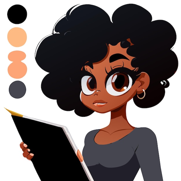 Вектор Чернокожая американская девушка, изучающая рисованную вручную плоскую стильную мультфильмную наклейку.