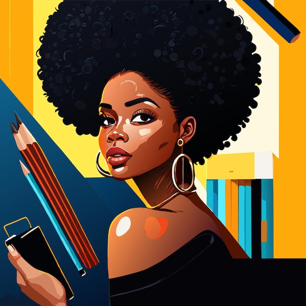 Vettore ragazza afroamericana nera che studia disegnata a mano piatto elegante adesivo cartone animato concetto di icona isolato