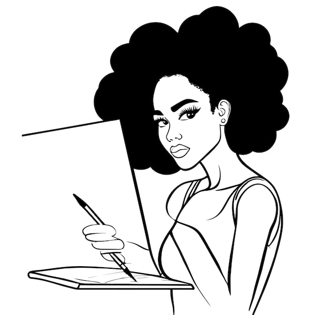 Вектор Чернокожая американская девушка, изучающая рисованную вручную плоскую стильную мультфильмную наклейку.