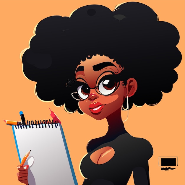 Vettore ragazza afroamericana nera che studia disegnata a mano piatto elegante adesivo cartone animato concetto di icona isolato