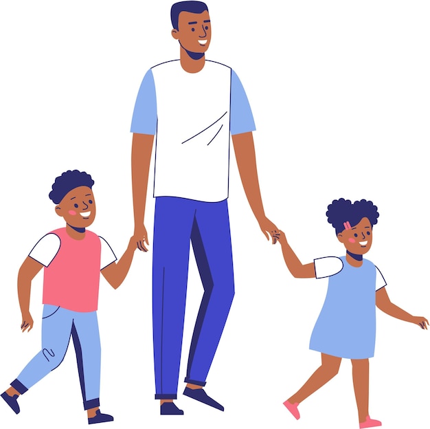 Vector black african american man father with girl and boy children walking and holding hands