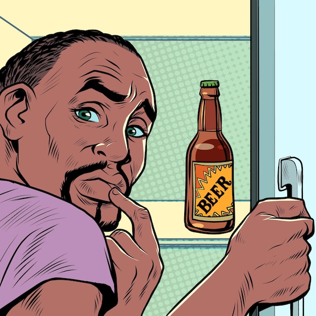 ビールアルコール中毒の冷蔵庫の近くの黒人アフリカ系アメリカ人男性