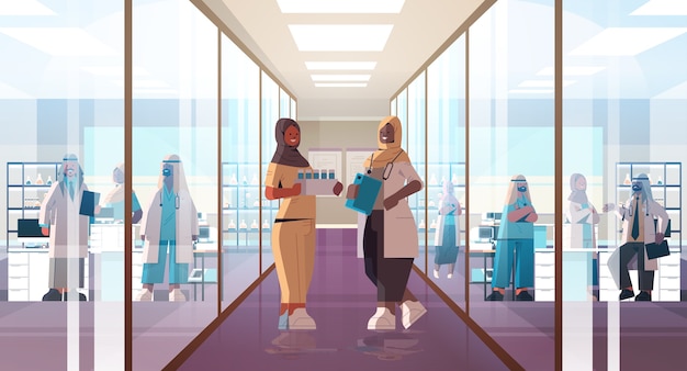 Black african muslim doctors in uniform discussing during meeting in hospital corridor medicine healthcare concept horizontal full length vector illustration