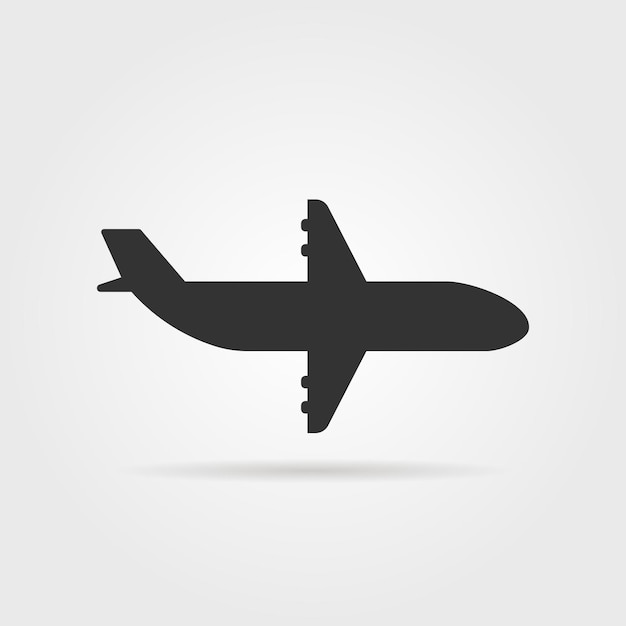 Black airplane icon side view with shadow. concept of airplane cockpit, airplane image, airstrip. airplane isolated on gray background. flat style trend modern airplane logo design vector illustration