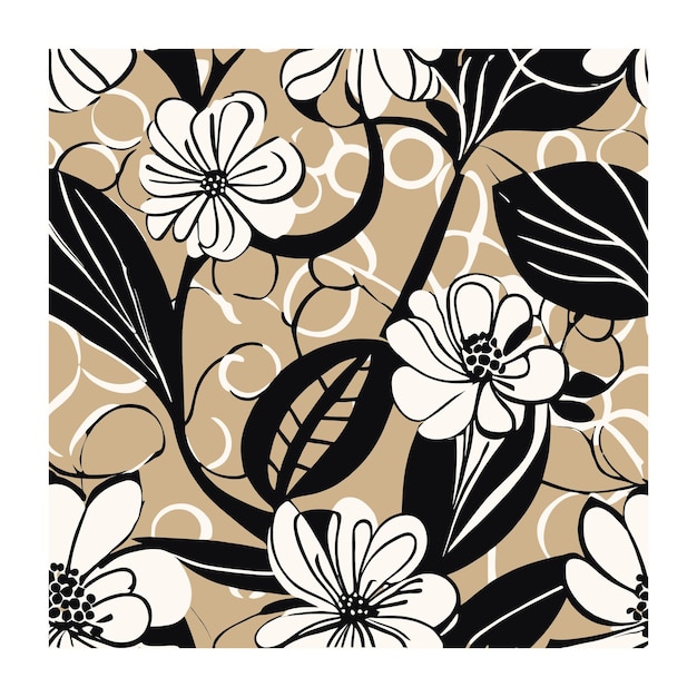 검정색과 베이지색 식물 그림 소박한 직물 패턴