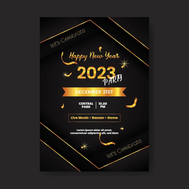 벡터 검은색과 금색 세로 포스터 2023년 새해