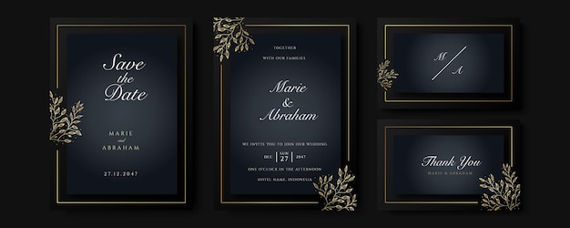 Набор шаблонов приглашения на свадьбу черный и золотой. набор абстрактных цветочный дизайн фона. роскошные обои в современном стиле с художественным цветком и ботаническими листьями, органические формы