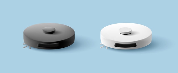 ベクトル 黒と白の 3d ラウンド ロボット掃除機 センサーでスマートに家の部屋を掃除するため