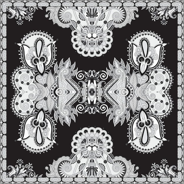 Черно-белый аутентичный шелковый шейный платок или платок с квадратным узором в украинском стиле