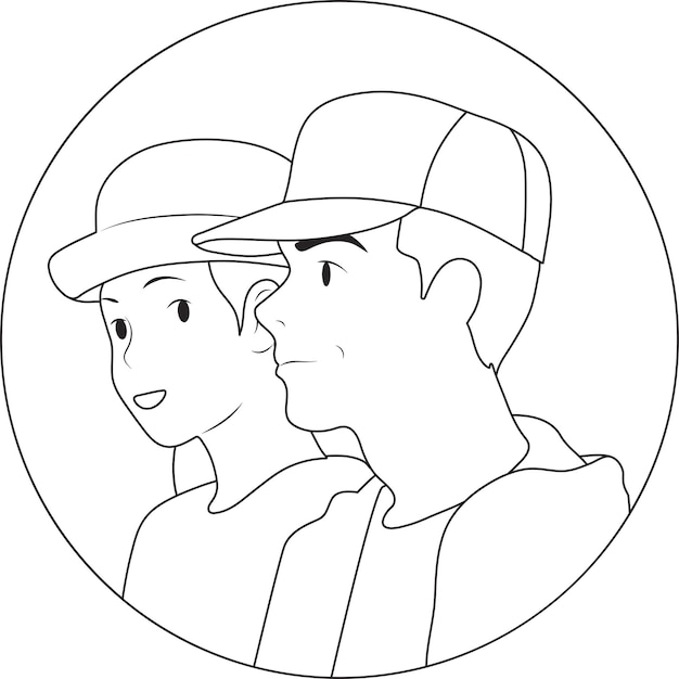 帽子をかぶった若い男性と帽子をかぶった女性の黒と白のアバターベクトルイラスト