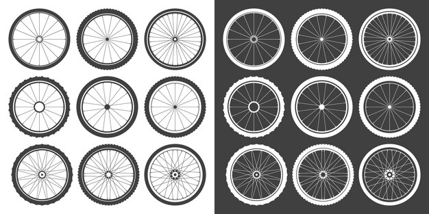 Вектор Черно-белые символы велосипедных колес коллекция велосипедных резиновых шин силуэты фитнес велосипедные дороги и