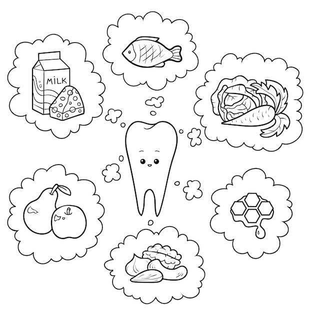 흑백 만화 그림 치아에 좋은 음식 건강에 대한 어린이를위한 교육 포스터