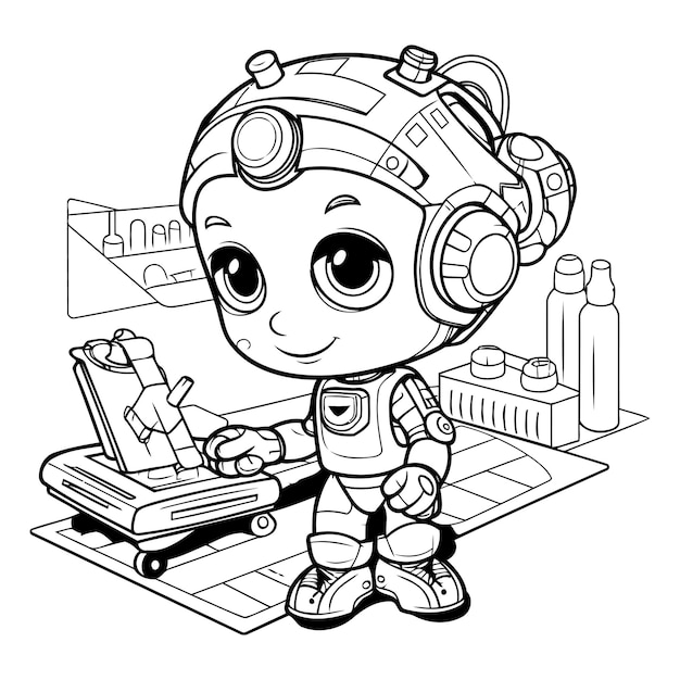 벡터 컬러링 책 을 위한 귀여운 우주 비행사 소년 캐릭터 의 흑백 만화 일러스트레이션