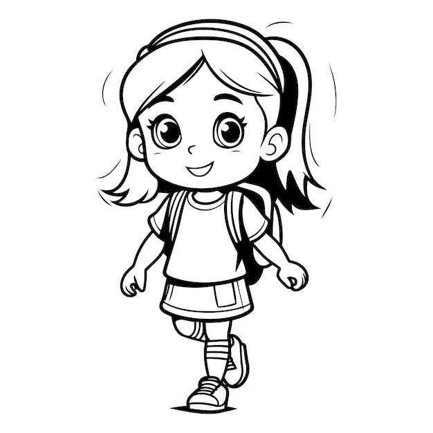 ベクトル カラフルな小さな女の子のキャラクターの黒と白の漫画イラスト
