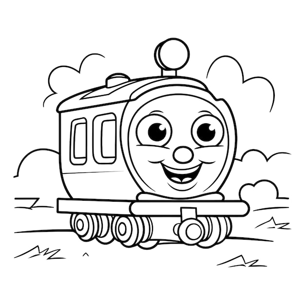 벡터 흑백 만화 일러스트레이션 재미있는 열차 또는 열차 캐릭터 마스코트 컬러링 책