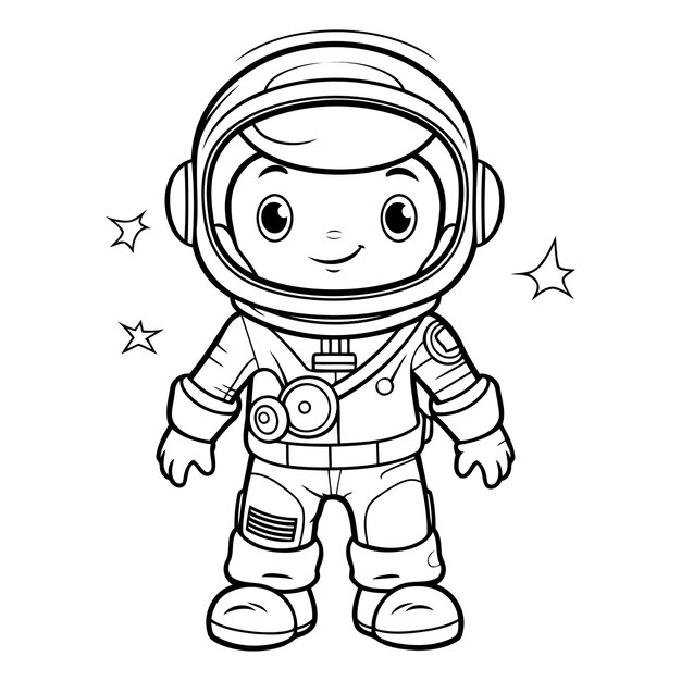 ベクトル 子供の宇宙飛行士キャラクターの黒と白の漫画イラスト
